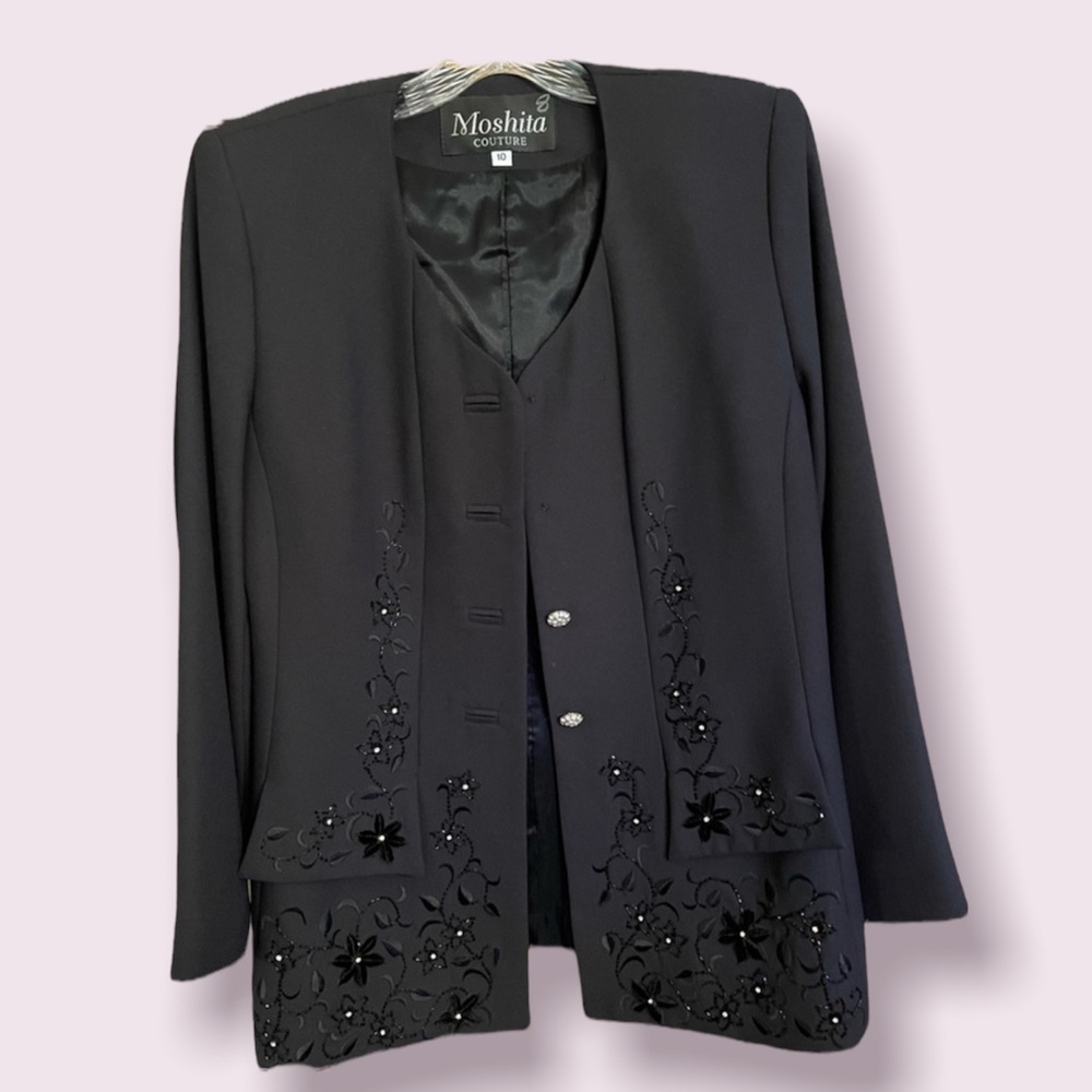 Moshita Couture Black Beaded Embroidered Rhinestone Designer Blazer Jacket L
